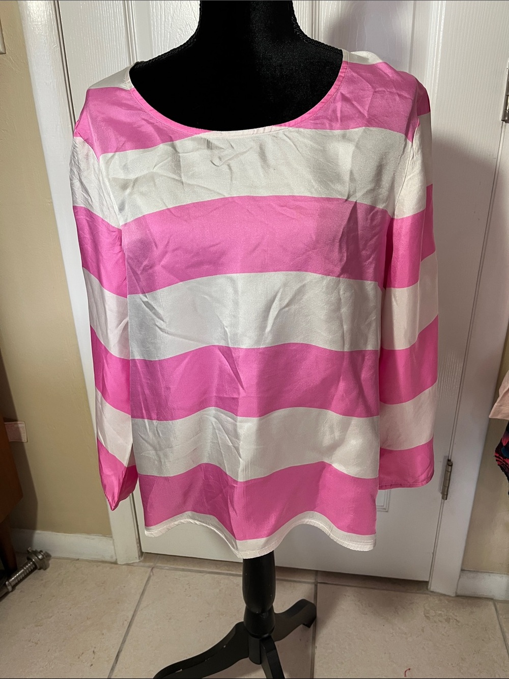 Blackie Dress Berlin silk blend pop over pink white stripe  3/4 sleeve  sz 8